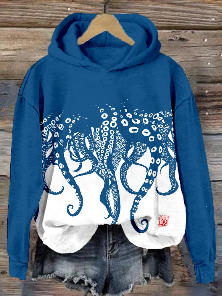 Tentacles Lino Art Contrast Color Cozy Hoodie