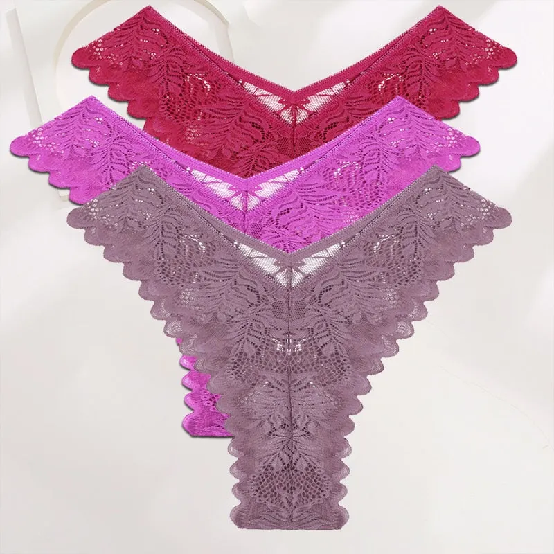 FINETOO 3PCS/Set Lace Gstring Panties Women Sexy M-XL Girls Thongs Perspective Temptation New Pantys Underwear Female Intimates