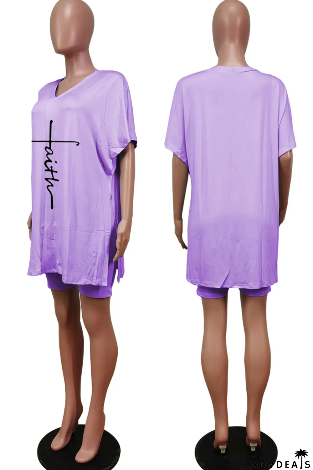 Tangerine Red Casual Print Split Joint V Neck Short Sleeve Two Pieces