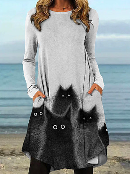 Cute Cat Pattern Crew Neck Casual Loose T-Shirt