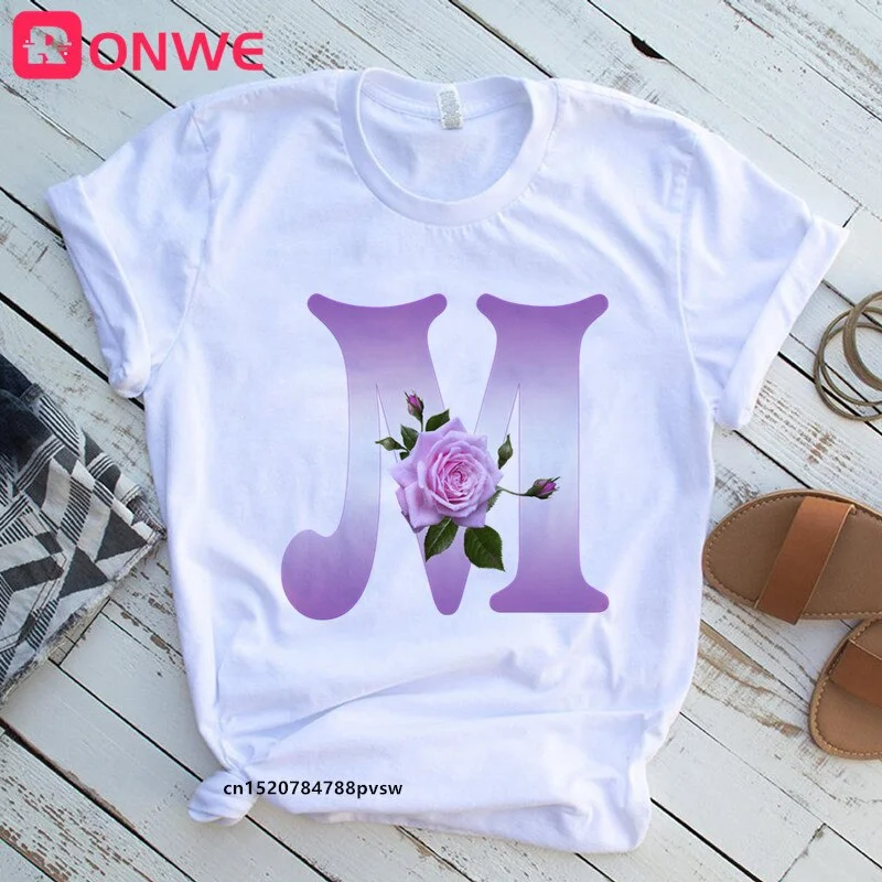 Women's Custom Name Rose Letter Combination Printing T-shirt Flower Letter Font A B C D E F G Short sleeve Tshirt,Drop Ship