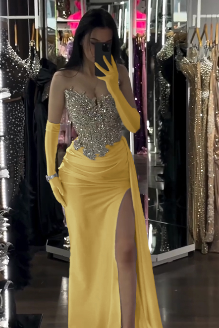 Hidais Sophisticated White Sleeveless Strapless Beaded Split Prom Dress With Gloves