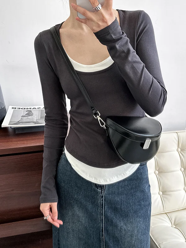 Contrast Color Skinny Long Sleeves Round-Neck T-Shirts Tops
