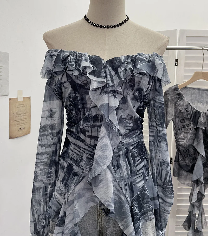 Nigikala Nigikala Shooting Retro Shoulder Tie-Dye Net Horn Long-Sleeved T-Shirt Irregular Lotus Leaf Side Ribbon Y2k Top 8012