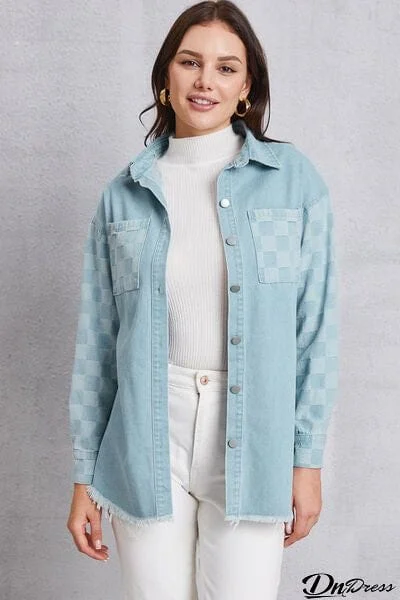Raw Hem Checkered Dropped Shoulder Denim Jacket