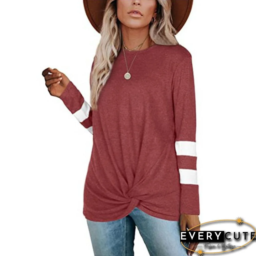 Wine Red Front Twisted Striped Long Sleeve Top