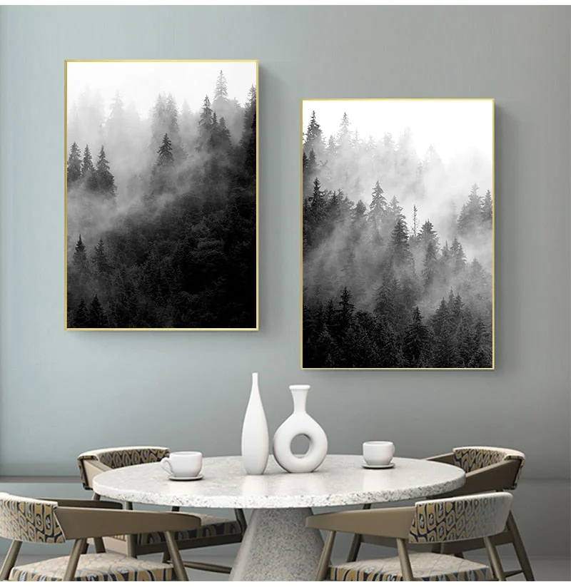 Nature Prints Forest Wall Art Black and White Tree Posters Foggy Forest Landscape Canvas Painting Wall Picture Living Room Decor