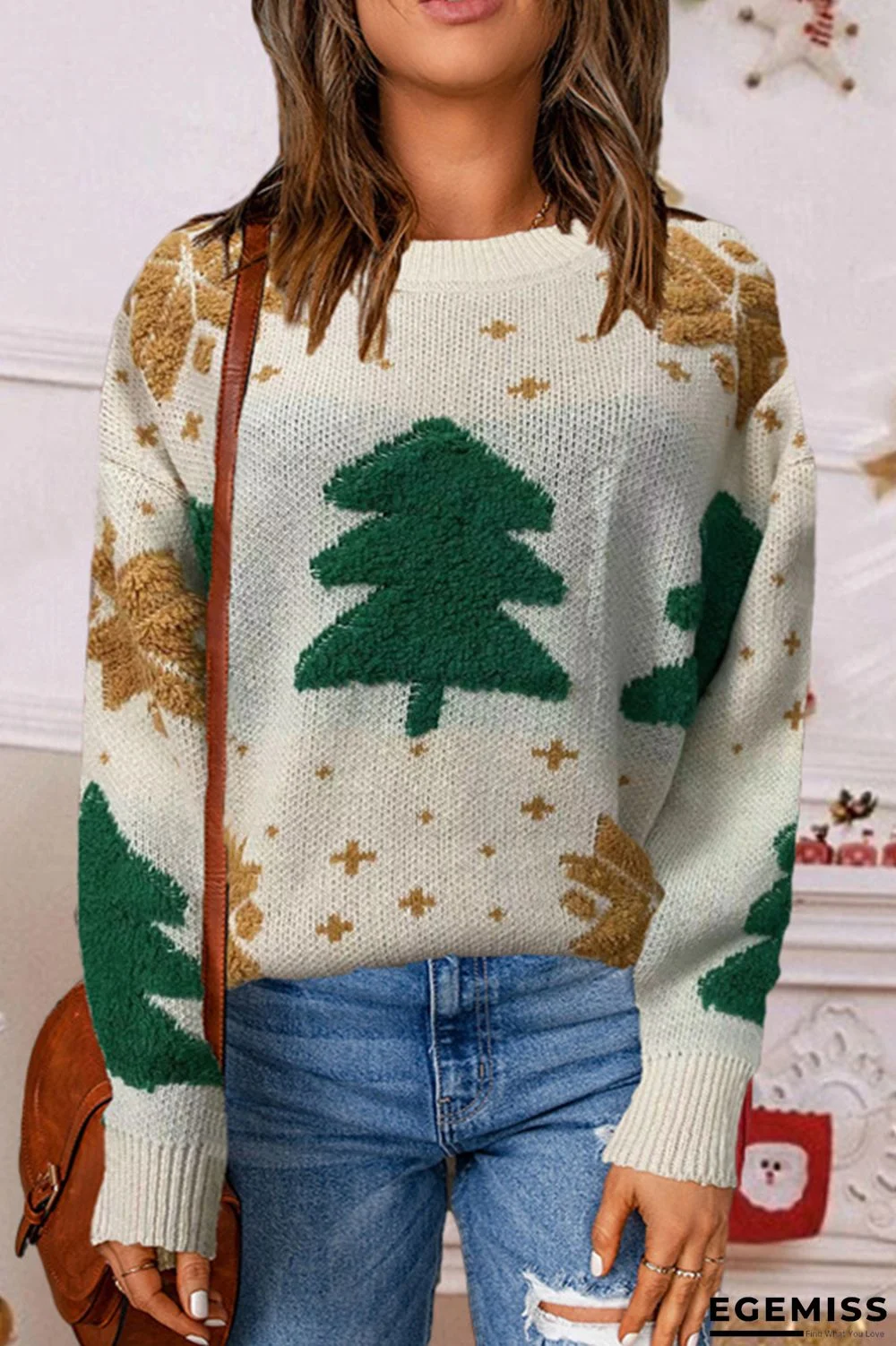 Cream White Casual Christmas Tree Patchwork O Neck Tops | EGEMISS