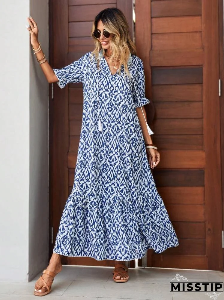 Allover Print Tassel Tie Neck Flounce Sleeve Ruffle Hem Smock Dress