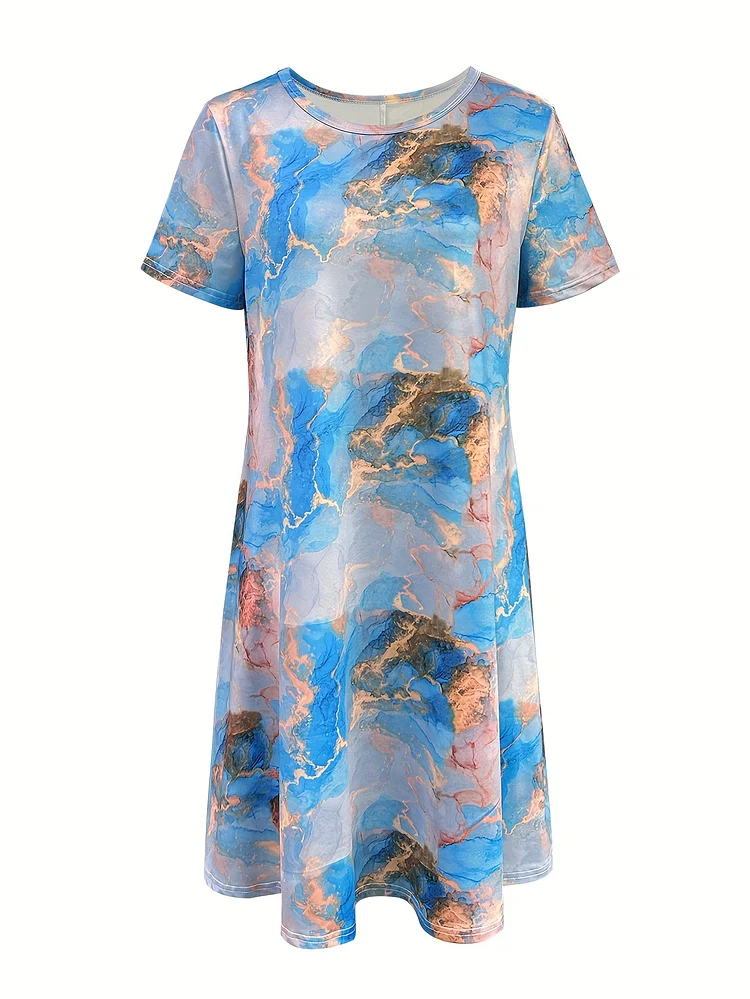 Adult Women's Peplum Dress - Marble Print, Smooth Polyester Knit Fabric With Micro Elasticity - Spring/Summer/Fall Vacation Wear | Machine Washable | Crew Neck Casual Style
