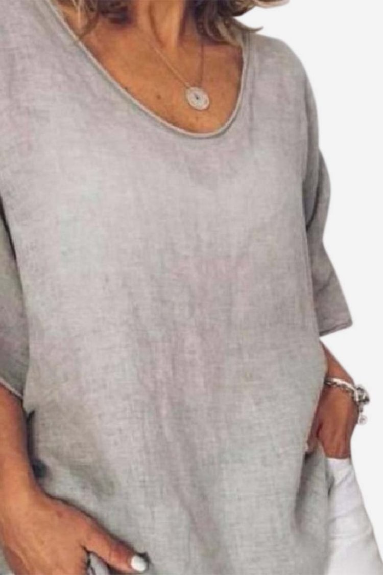 Linen Round Neck Wide Half Sleeve Casual Loose Top
