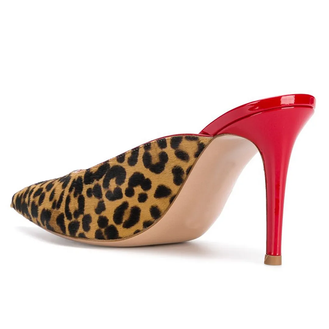 Vegan Suede Leopard Print Pointed Toe Mules Shoes with Stiletto Heels