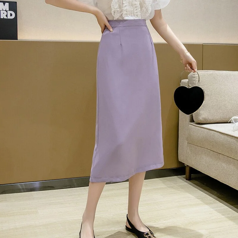 FTLZZ 2021 New Spring Summer Women High Waist Solid Color Medium Long Skirt Casual Female Slim Fit OL Style Split Black Skirts