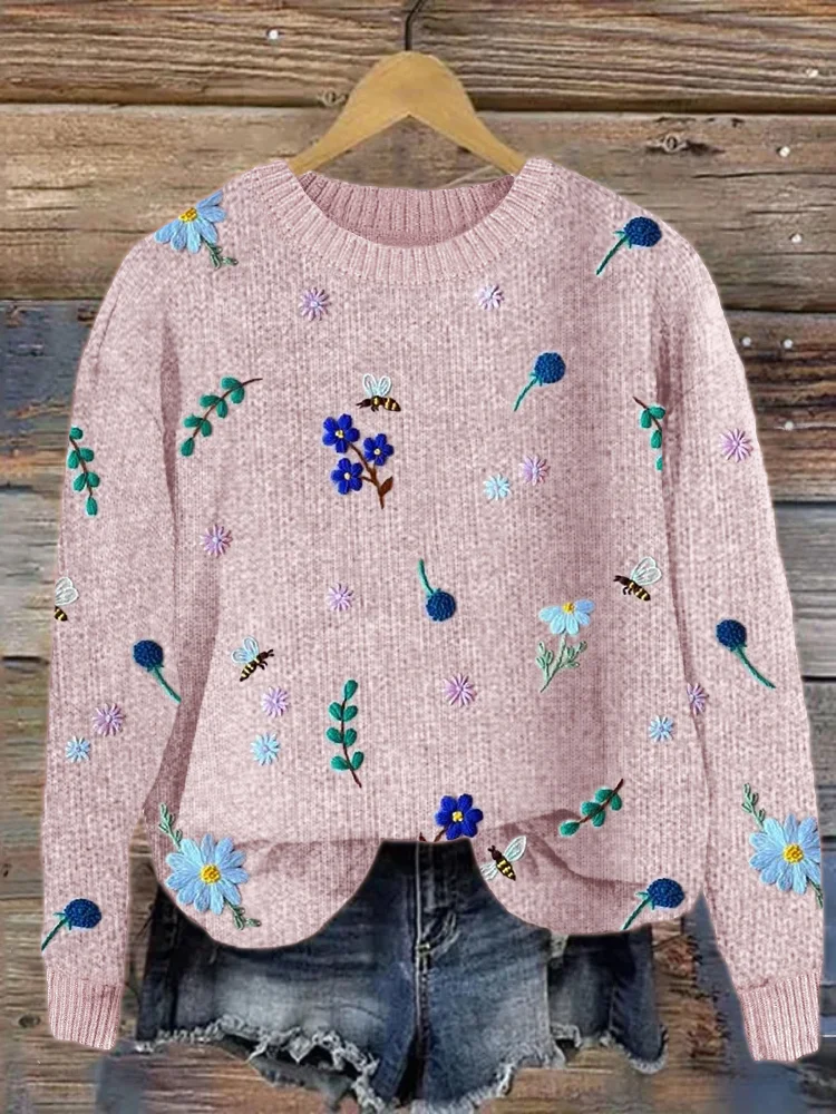 VChics Bees Floral Embroidery Pattern Cozy Knit Sweater