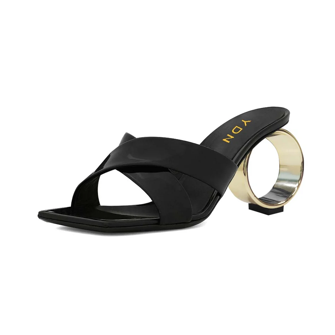 Black Crossed Strap Open Square Toe Sculptural Heel Mules Sandals