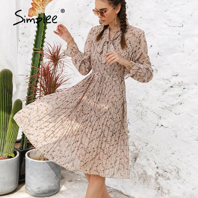 Simplee Elegant spring summer floral print midi dress women Ruffle sleeve bow sash pleated dress chic High waist dresses loose