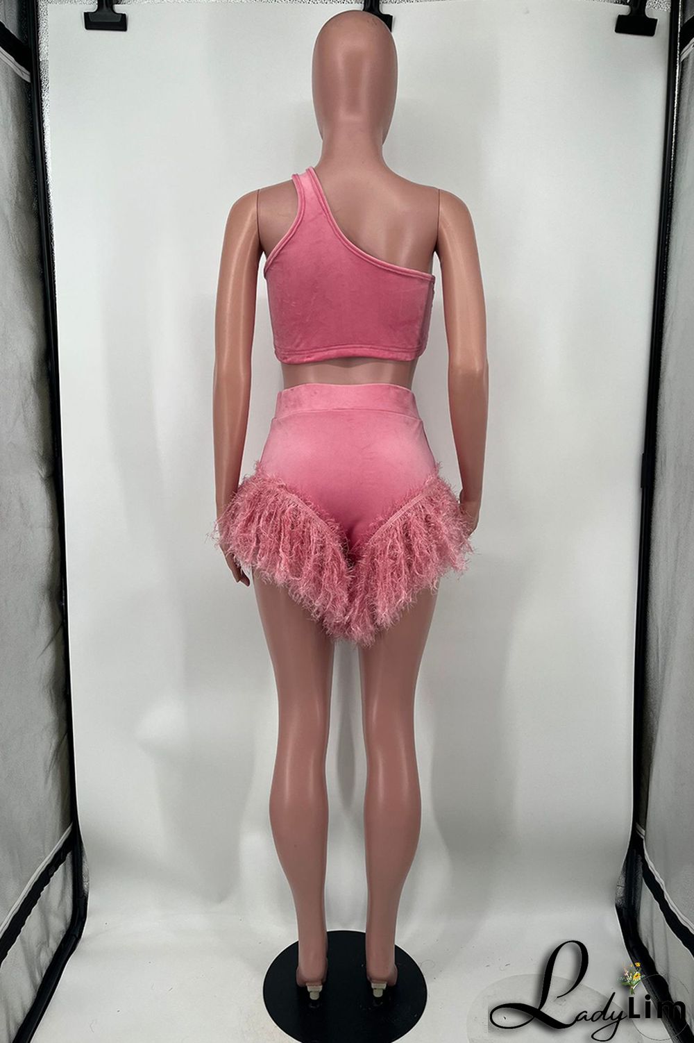 Pink Fashion Sexy Solid Patchwork Backless One Shoulder Two Pieces