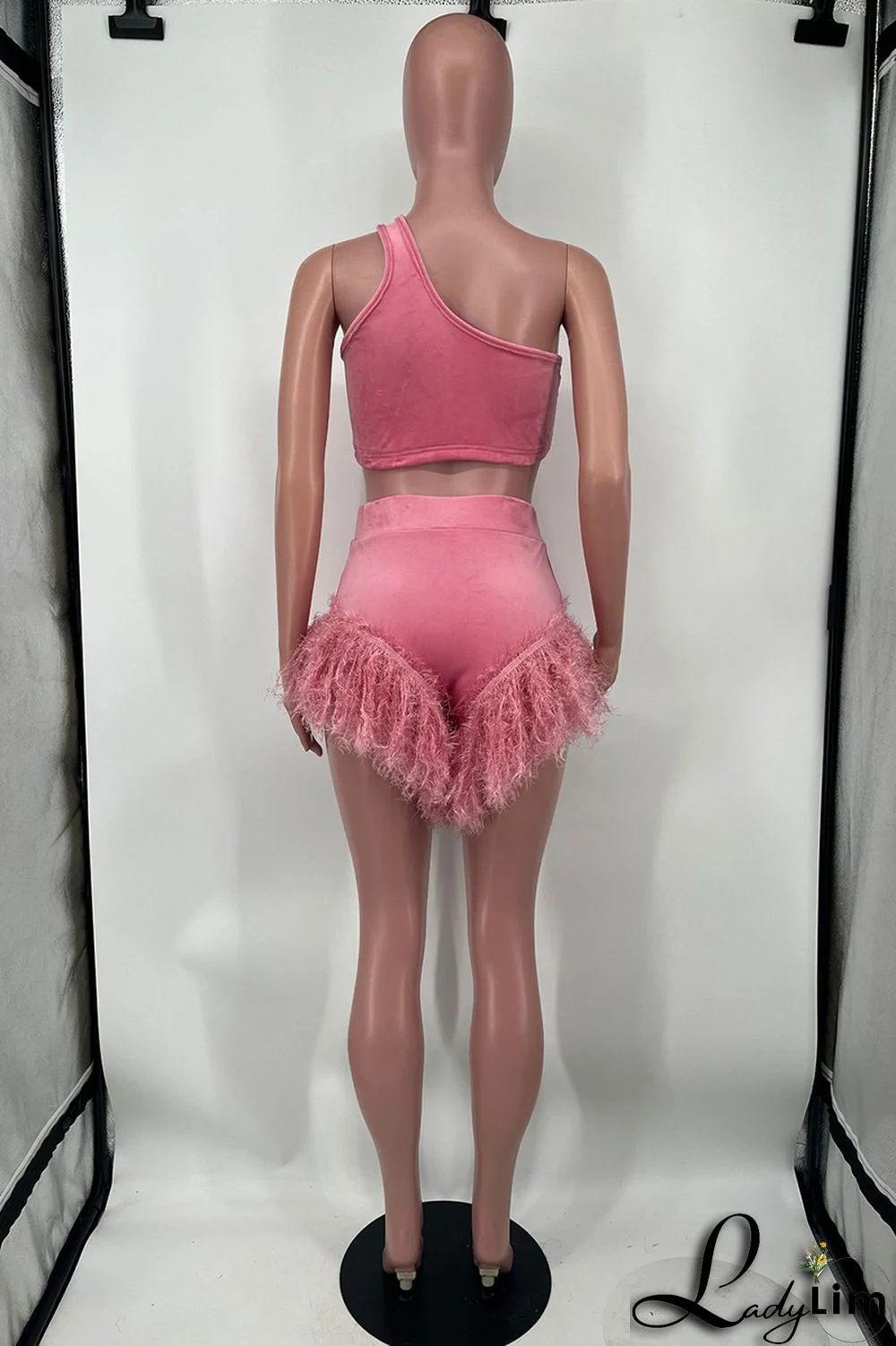 Pink Fashion Sexy Solid Patchwork Backless One Shoulder Two Pieces