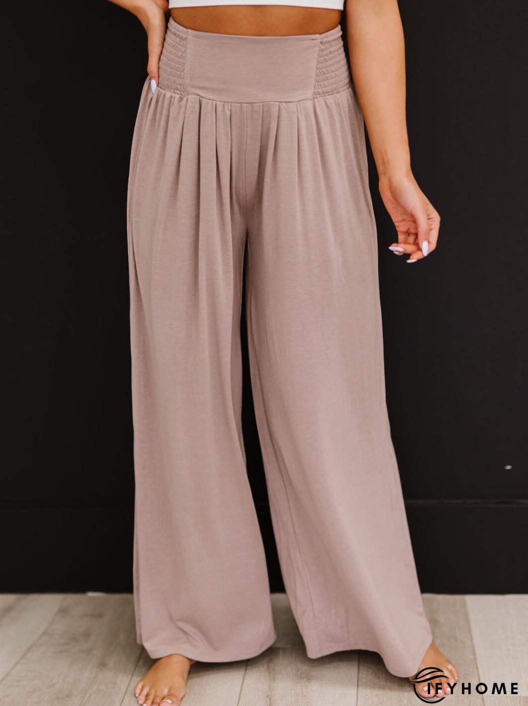 Women's Pants Casual Solid Elastic High Waist Wide Leg Pants | IFYHOME