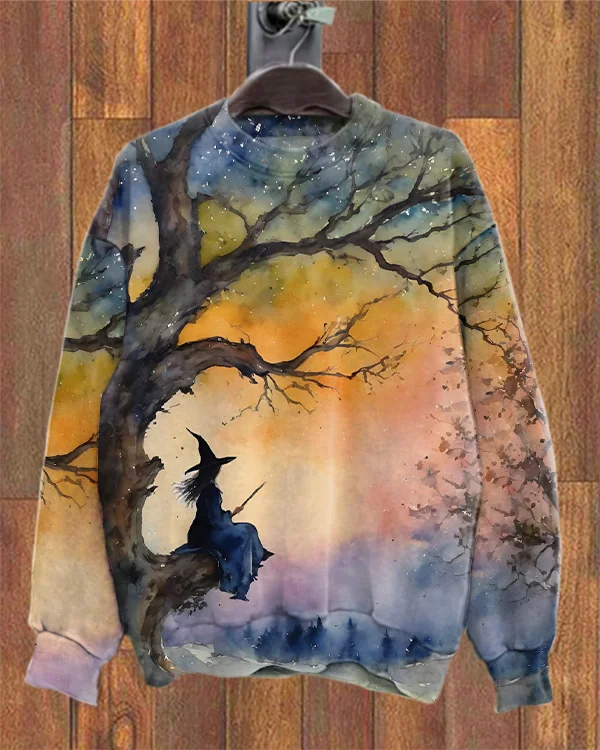 Witch In The Tree Halloween Print Loose Sweatshirt