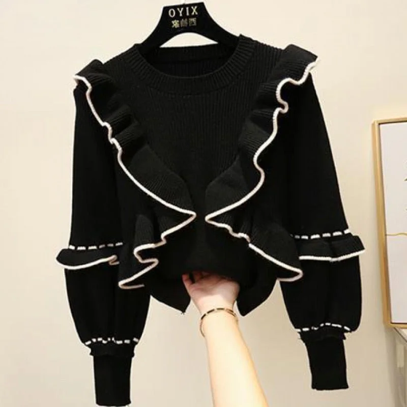 Autumn winter women's top Korean style the ruffle stitching pullover sweater new lantern sleeve knitted bottoming tops LL283