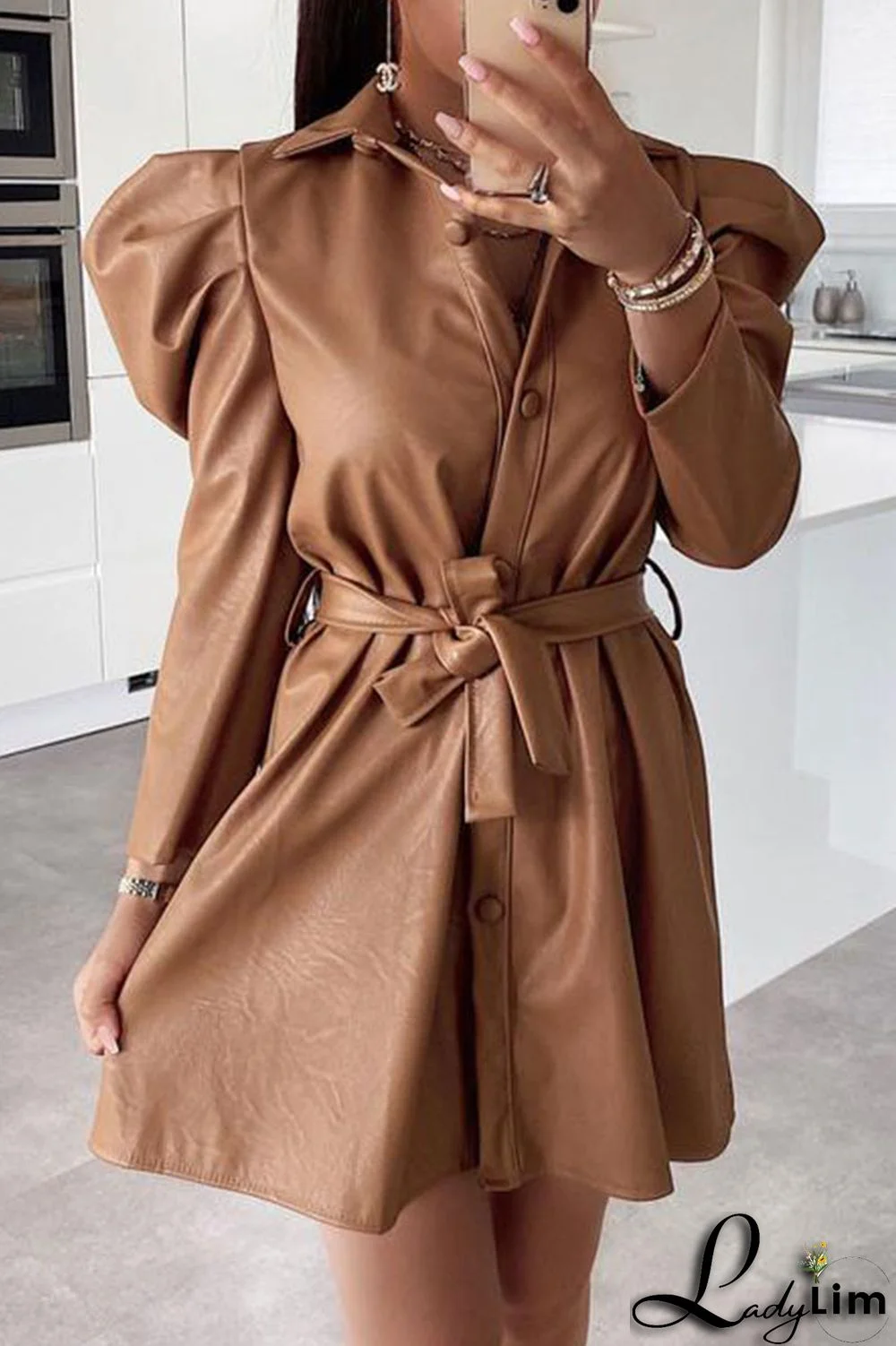 Khaki Fashion Casual Solid Split Joint Buckle Turndown Collar A Line Dresses