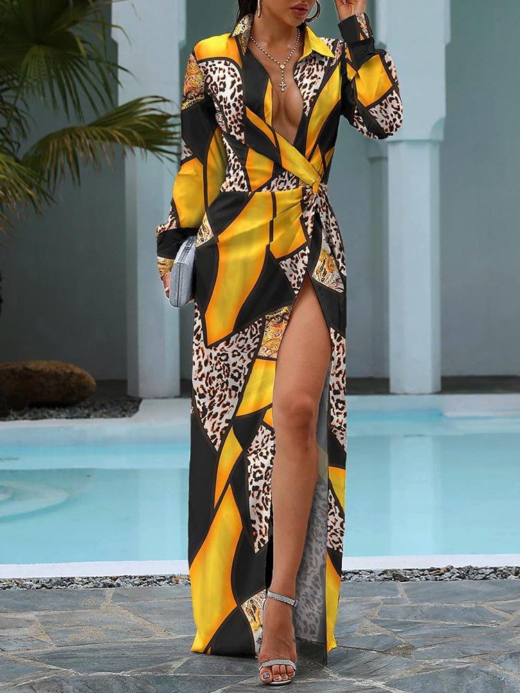 Cheetah Print Colorblock Twisted High Slit Shirt Dress