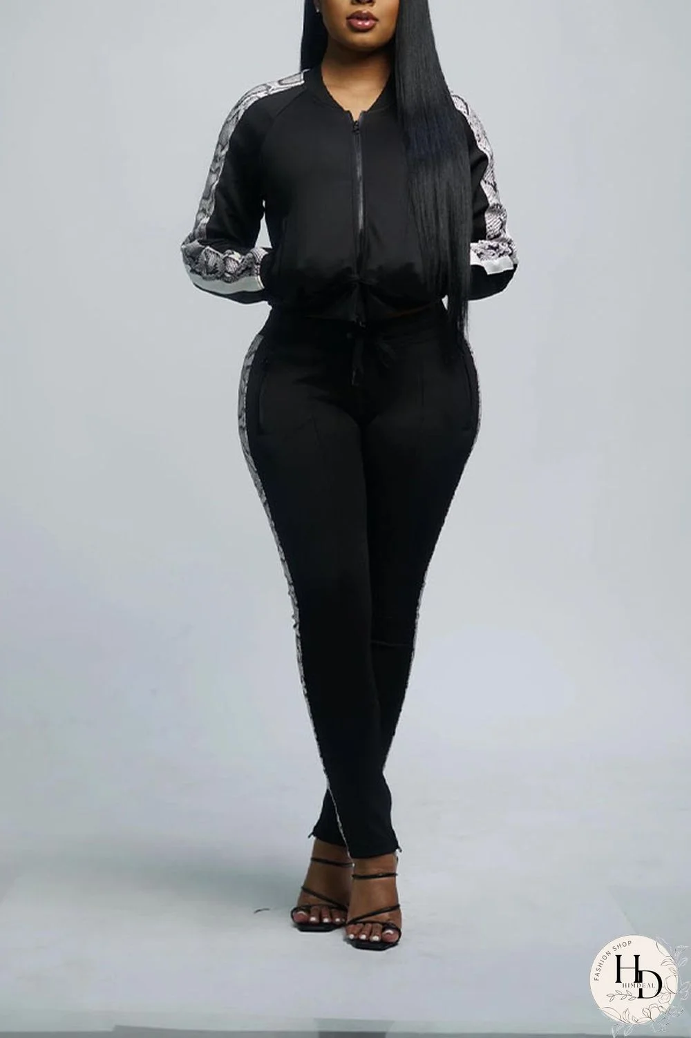 Black Sportswear Polyester Solid Split Joint Zipper Collar Long Sleeve Regular Sleeve Regular Two Pieces