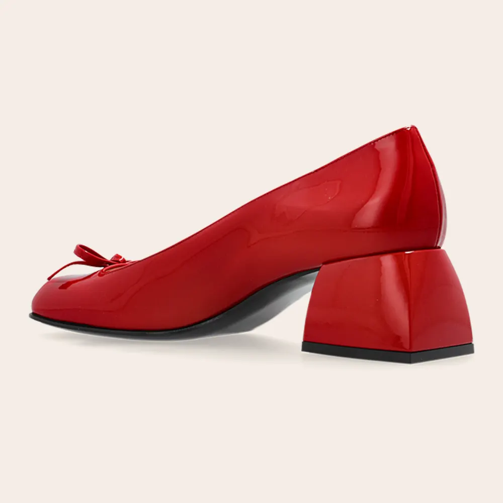 Elegant Patent Leather Square Toe Chunky Heel Red Pumps with Bow