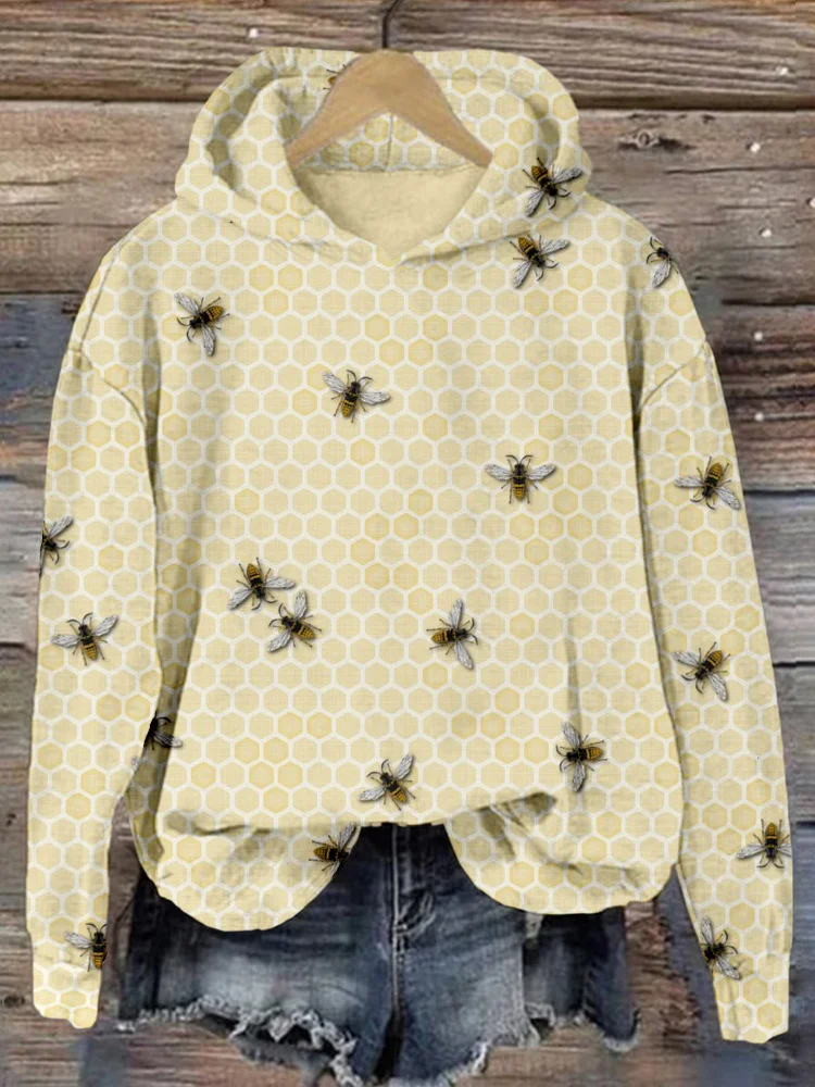 Comstylish Vintage Bees Farm Pattern Print Comfy Hoodie