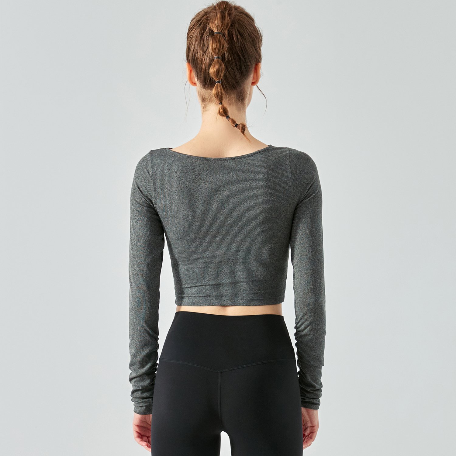Hergymclothing Dark Gray breathable long sleeve sports athletic shirt ribbed cropped top for sale 