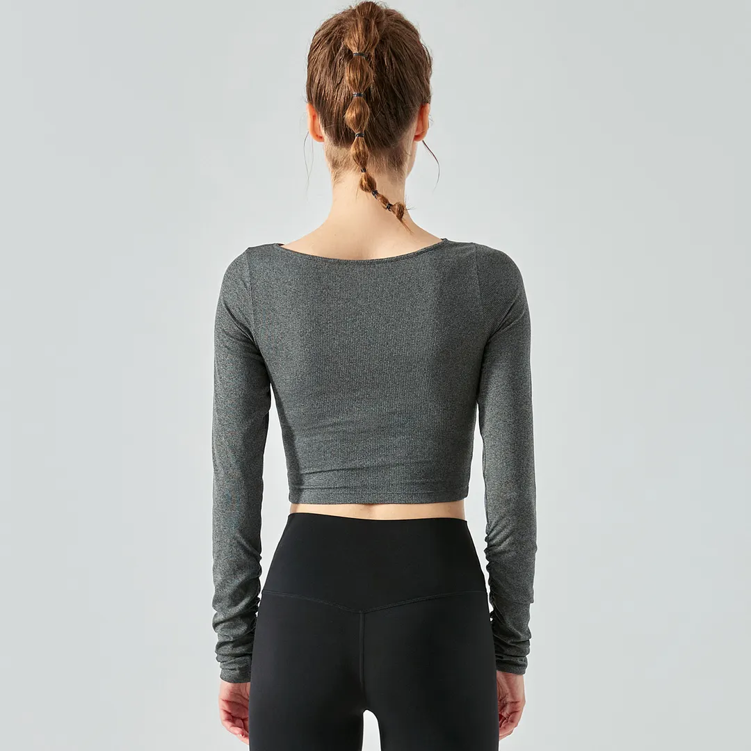 Hergymclothing Dark Gray breathable long sleeve sports athletic shirt ribbed cropped top for sale 