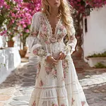 Vintage Bohemian Pink Rose Holiday Long Sleeve Dress - Image 2