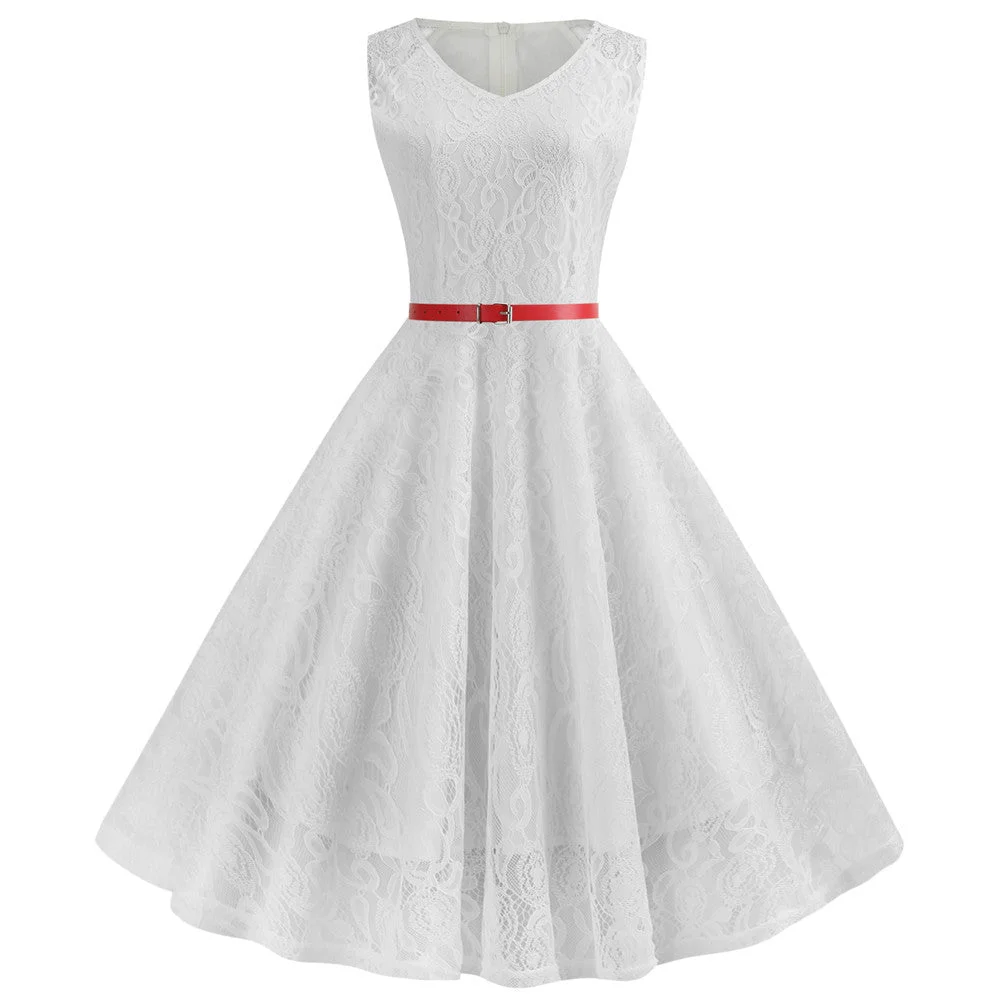 Vintage Lace Dress For Women Sexy Round Neck Belted Swing Dress