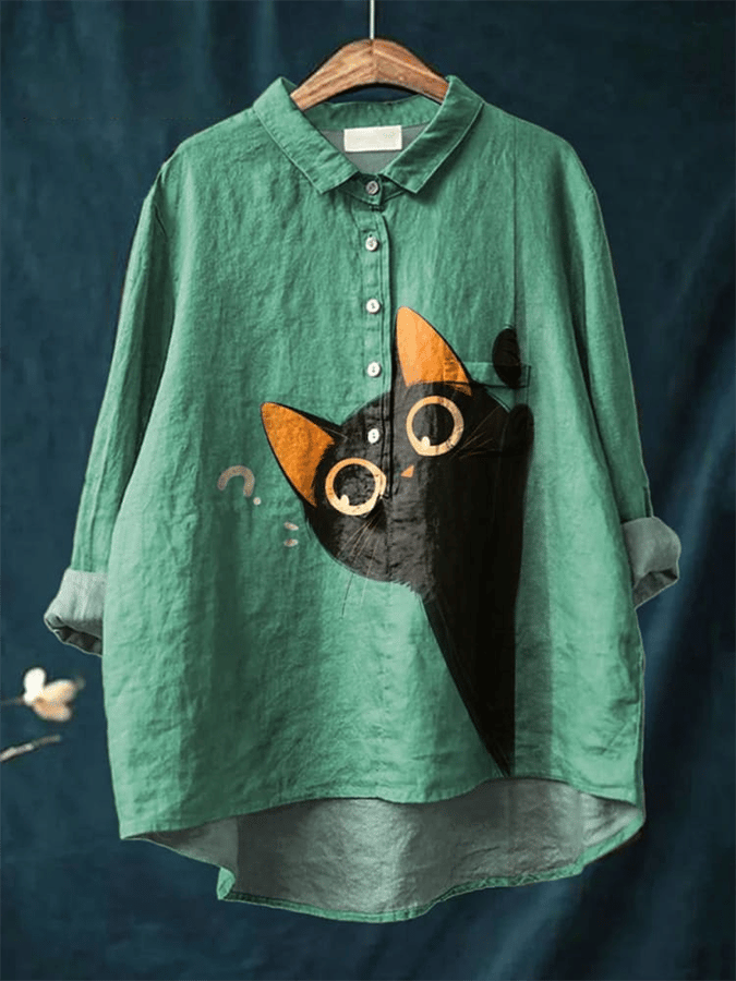 Women's Question Mark Kitten Print Casual Shirt