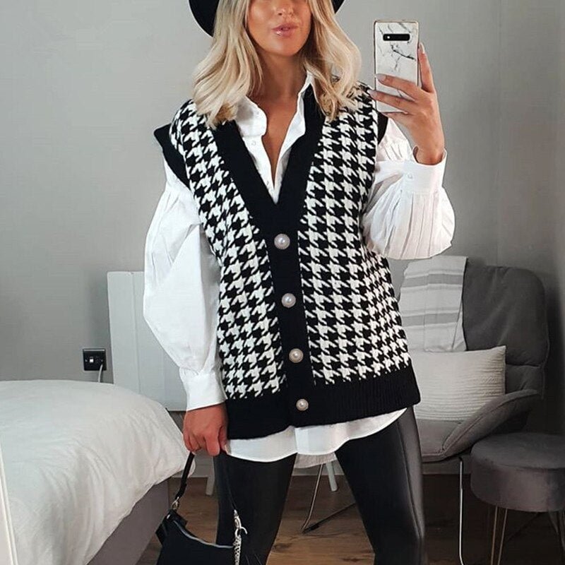 Ladies Houndstooth Sleeveless Black Sweater Women Vest Cardigans Loose Autumn Winter Knitted Casual Women Sweaters Jumper Female