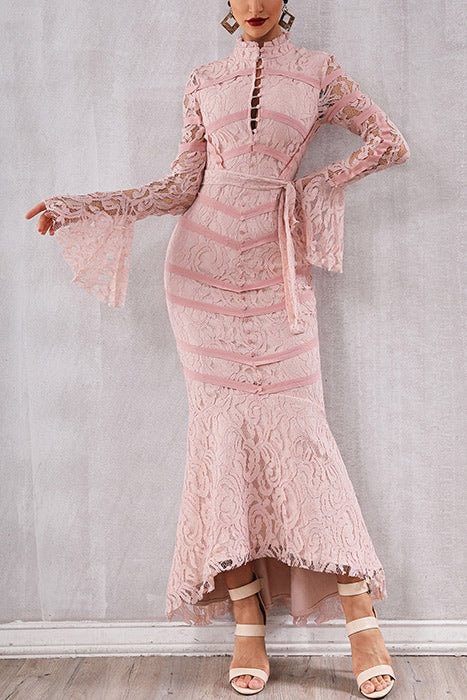 Pink Lace Patched Lace-up Mermaid Bandage Dress - BlackFridayBuys