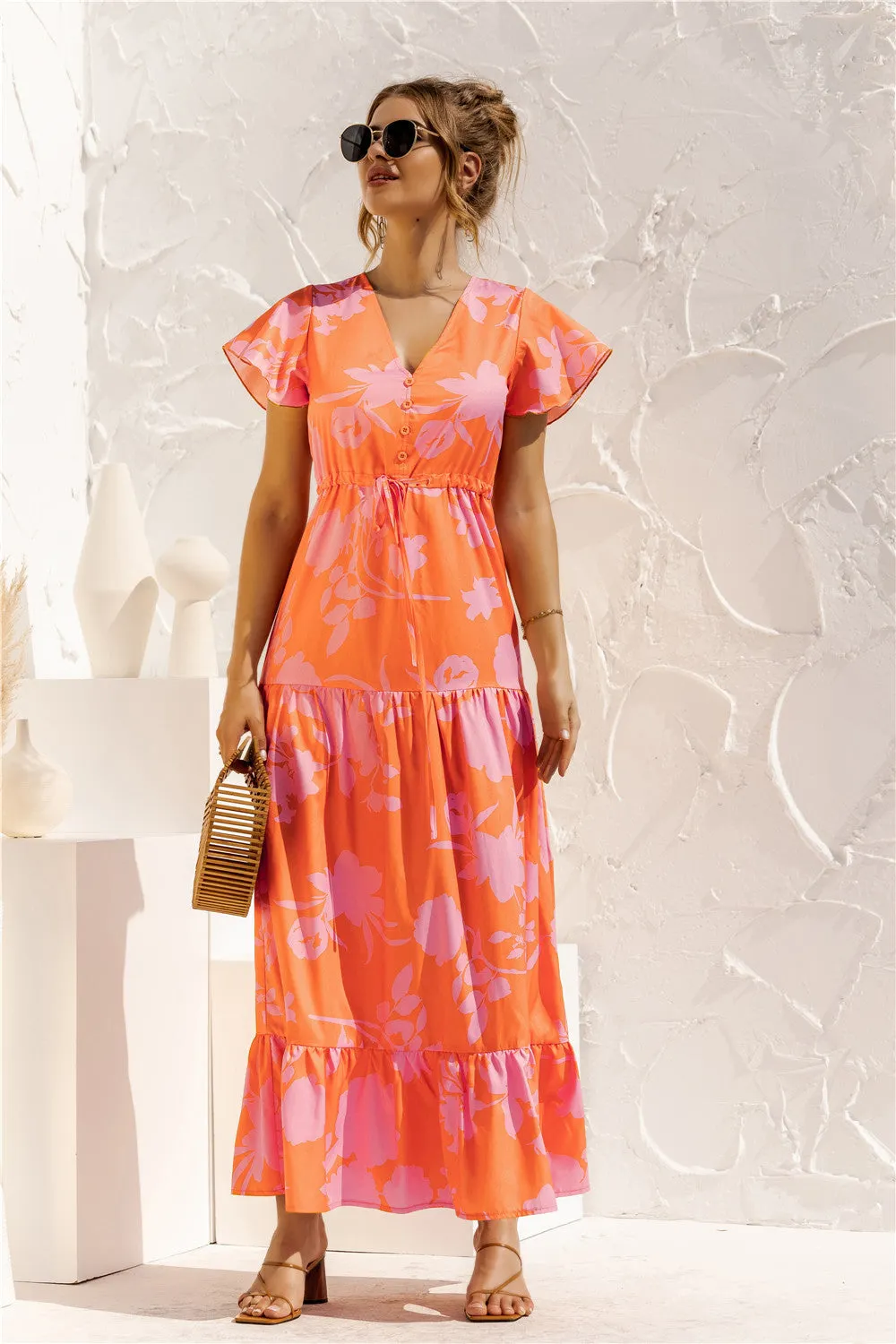 V-neck Flower Print Lace Button Dress