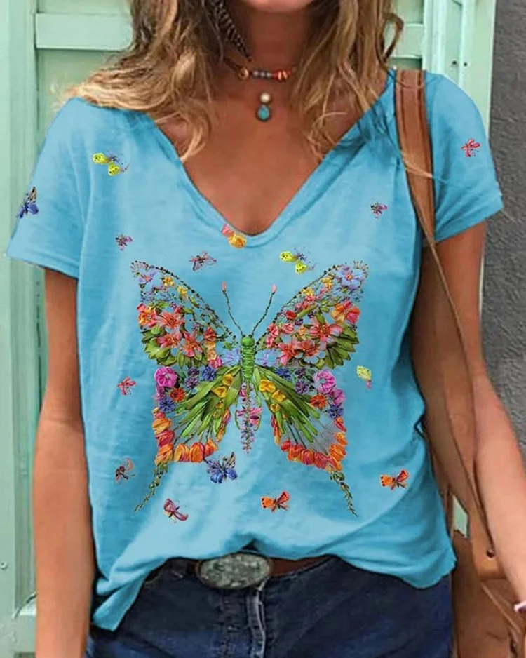 Floral Butterfly Short Sleeve V Neck Casual T shirt P4608083672