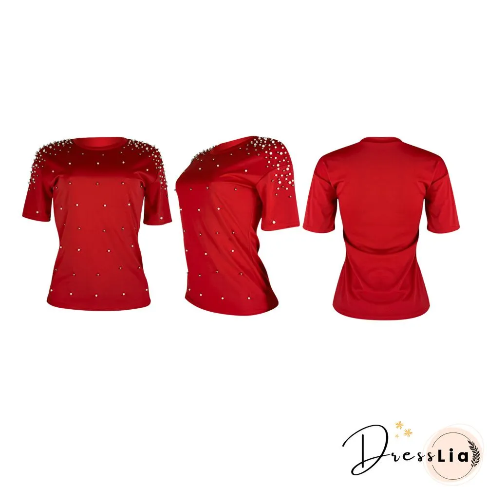 Plus Size Summer Round Neck Casual Short Sleeves Round Neck Bead Nail Decoration Women T-Shirt