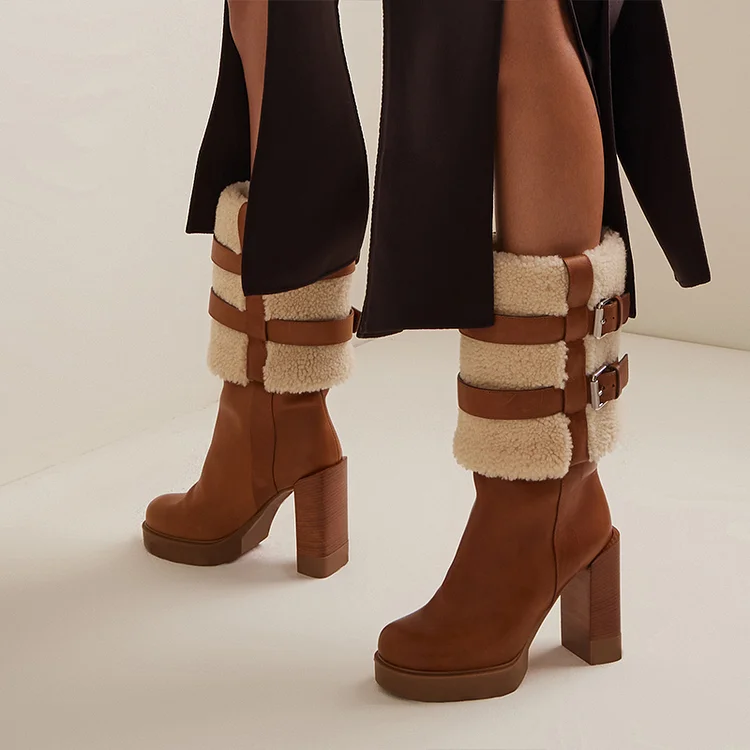 Brown Platform Vegan Suede Boots Round Toe Lambswool Shoes Chunky Heel Mid-Calf Boots |FSJ Shoes