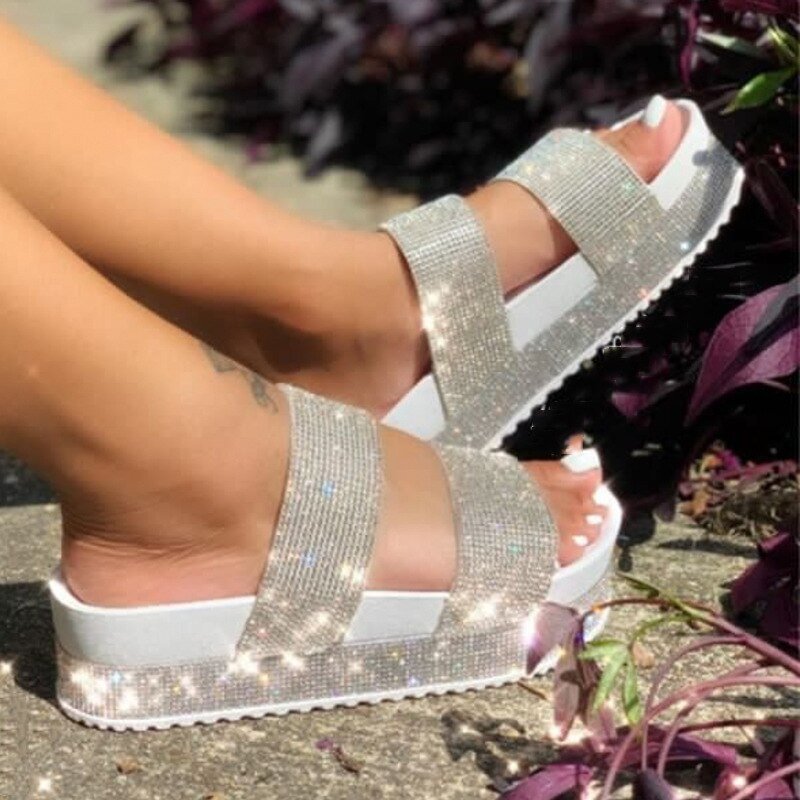 Luxury Trend Women Rhinestone Sandals Platform Wedge Mid Heel Thick Sole Outdoor Shiny Crystal Sexy Ladies Female 2021 Summe