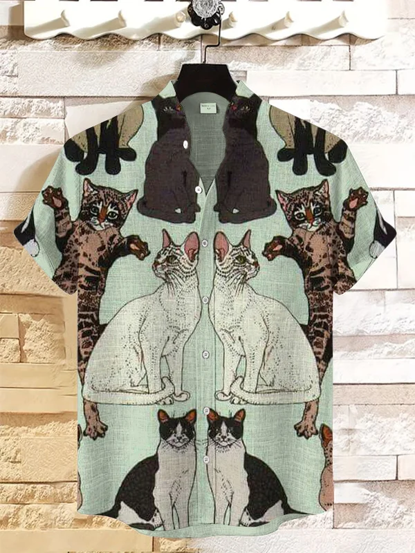 Men's Retro Kind Of Cat Print Linen Blend Shirt