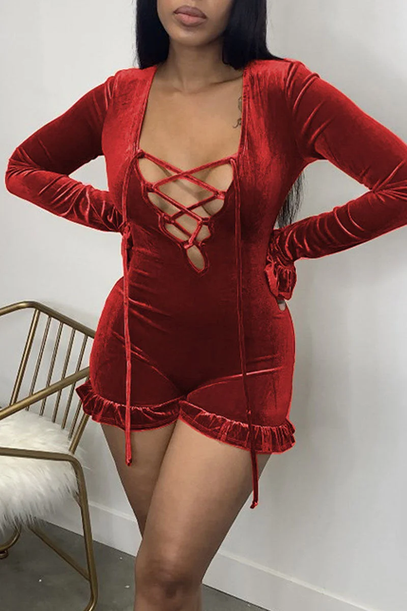 Sexy Solid Split Joint Frenulum V Neck Straight Jumpsuits