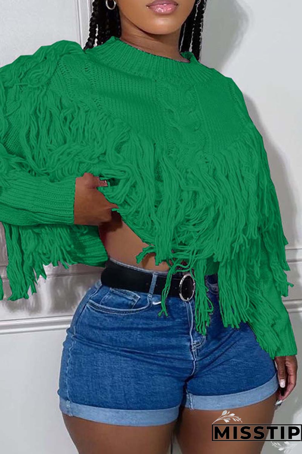 Black Casual Solid Tassel O Neck Tops