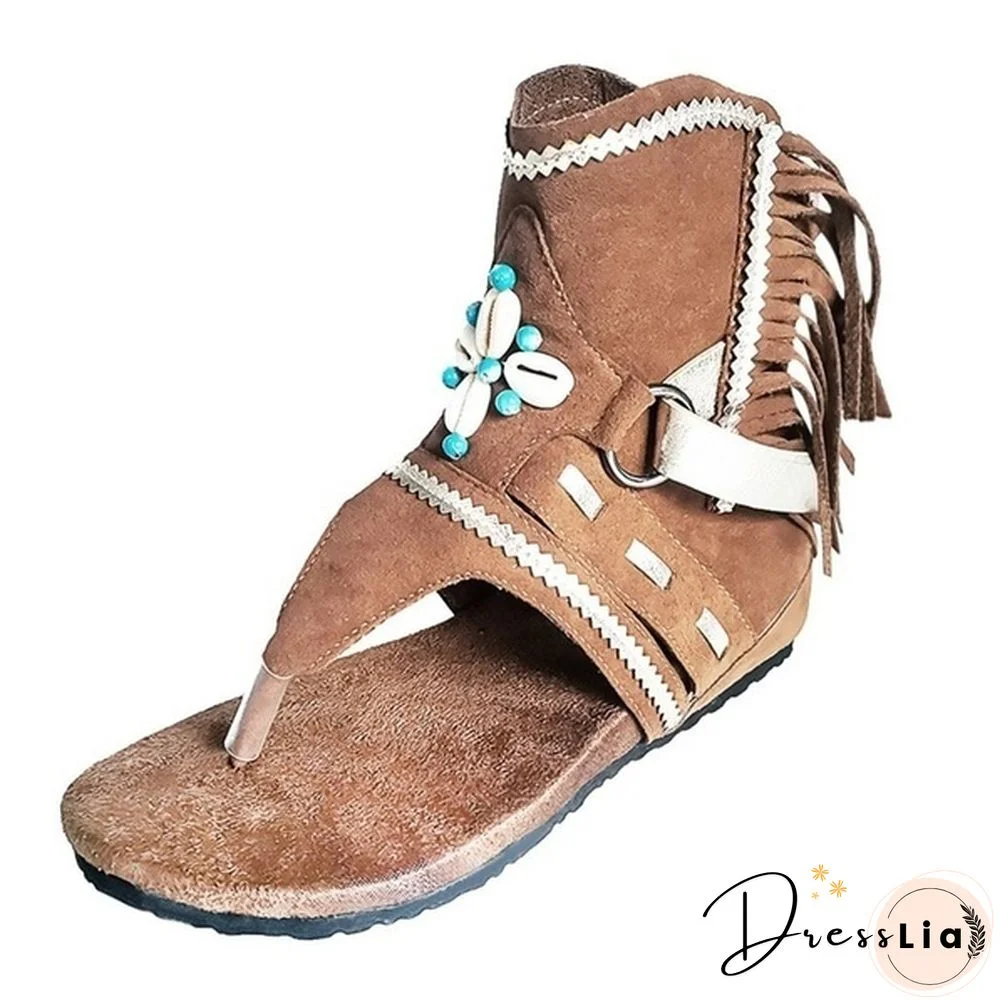 Women's Fashion Tassel Roman Boho Sandals Flock Retro Ankle Sandal Shoes Summer Flats Flip Flops Bohemian Beach Boot Shoes Plus Size