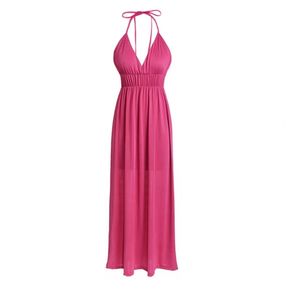 Women  Backless Halter Casual Dress Deep V-neck Solid High-Waist Dress Large Hem Sling Loose Fit Maxi Beach Dress Streetwear