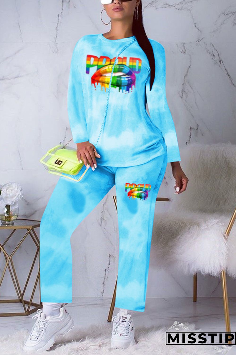 Orange Active Print Straight Long Sleeve Two-piece Pants Set