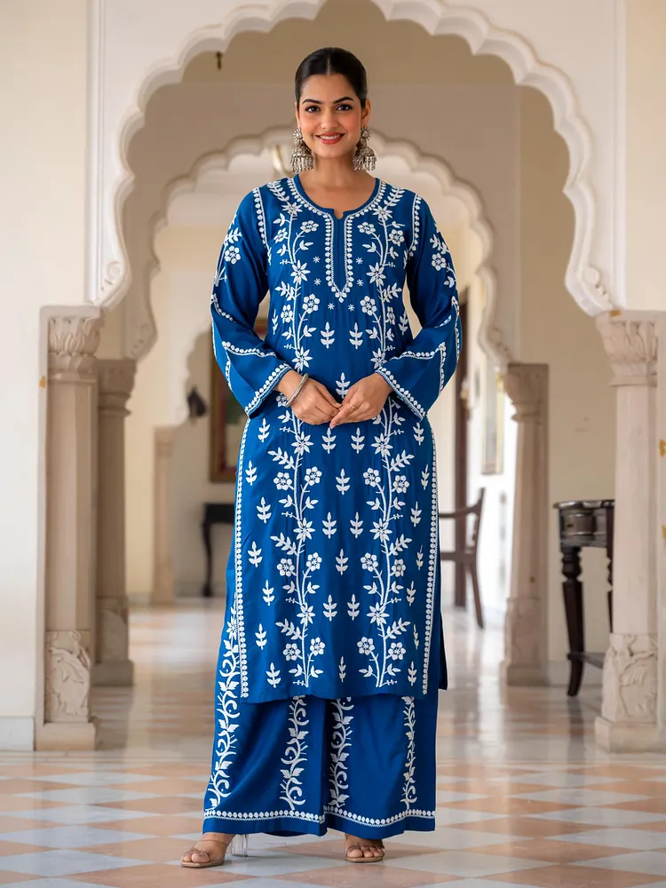 Women Blue White Embroidered Kurta Palazzo Set | Elegant Ethnic Co-ord Set