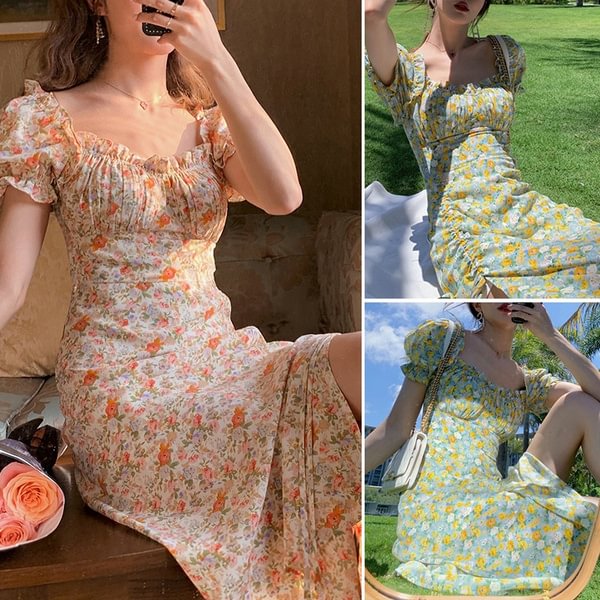 Women Holiday Shorts Sleeve Fashion Pleated Side Slit Vestido Casual Floral Print Puff Sleeve Dresses Plus Size - Shop Trendy Women's Clothing | LoverChic